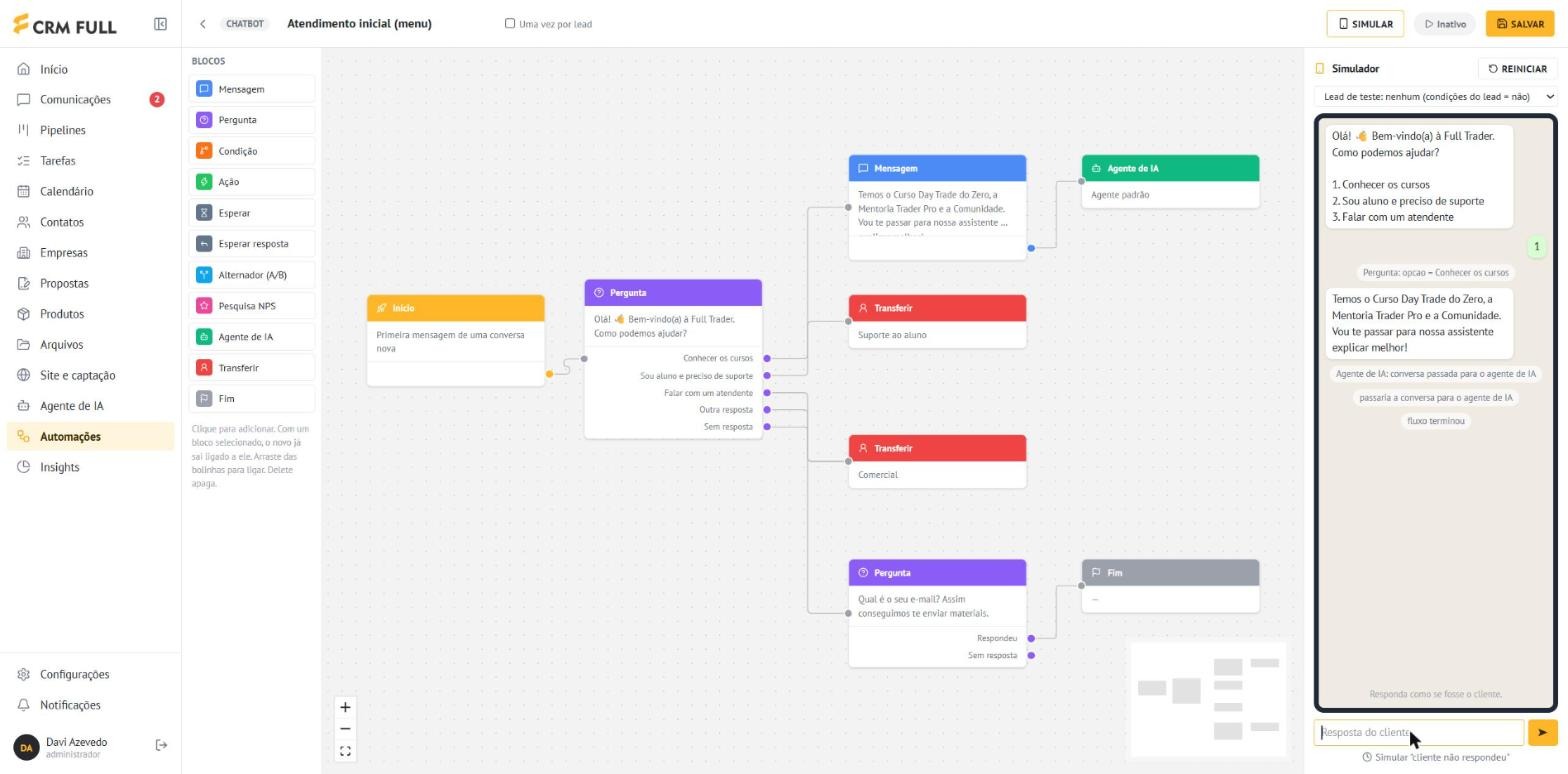 Simulador de chatbot do CRM Converte